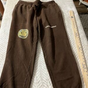 LONELY GHOST sweatPants Sz S "It’s Cool To Care" Brown Smiley Face Distressed